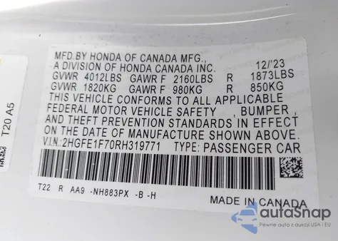 2024 Honda Civic Ex z USA, uszkodzony, nr VIN 2HGFE1F70RH319771